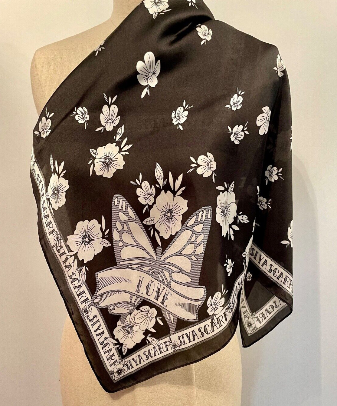 Siya Brand- Black Scarf Wrap with White Flowers Butterfly Love Siya Border