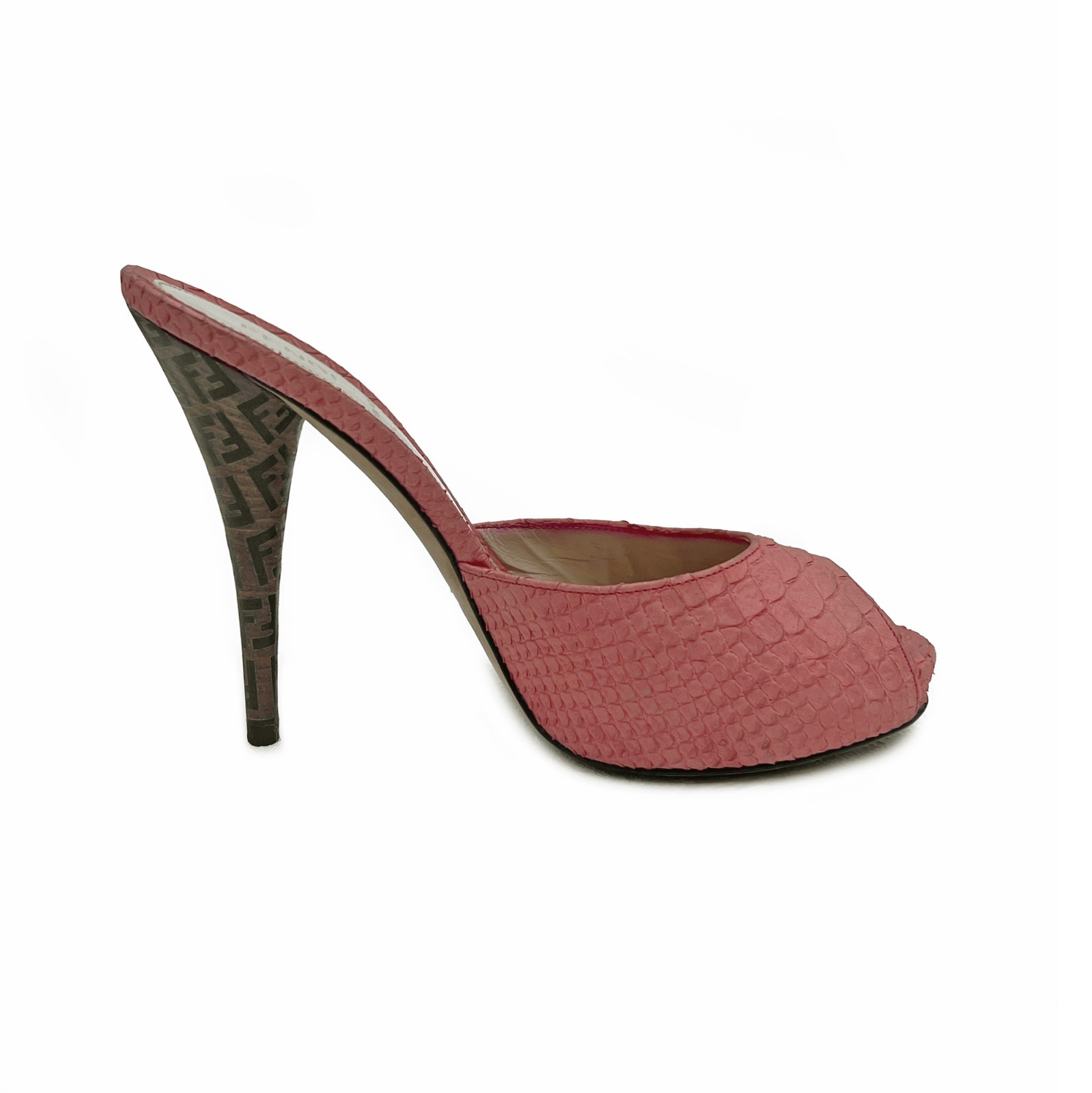 Fendi Zucca Print Heel Coral Pink Snakeskin Peep Toe Mules US: 8,5 / EUR: 38,5