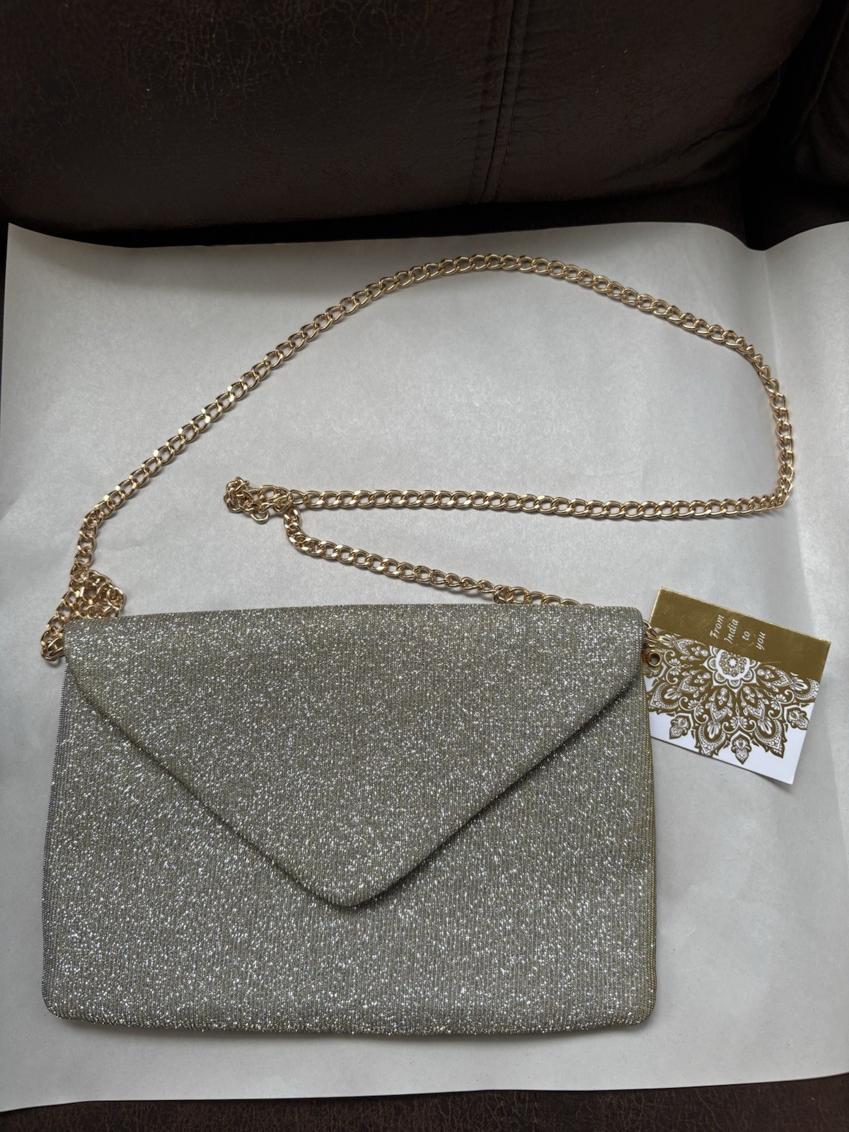 Silver Glitter Envelope Clutch Purse Small Detachable Gold Chain Crossbody Strap