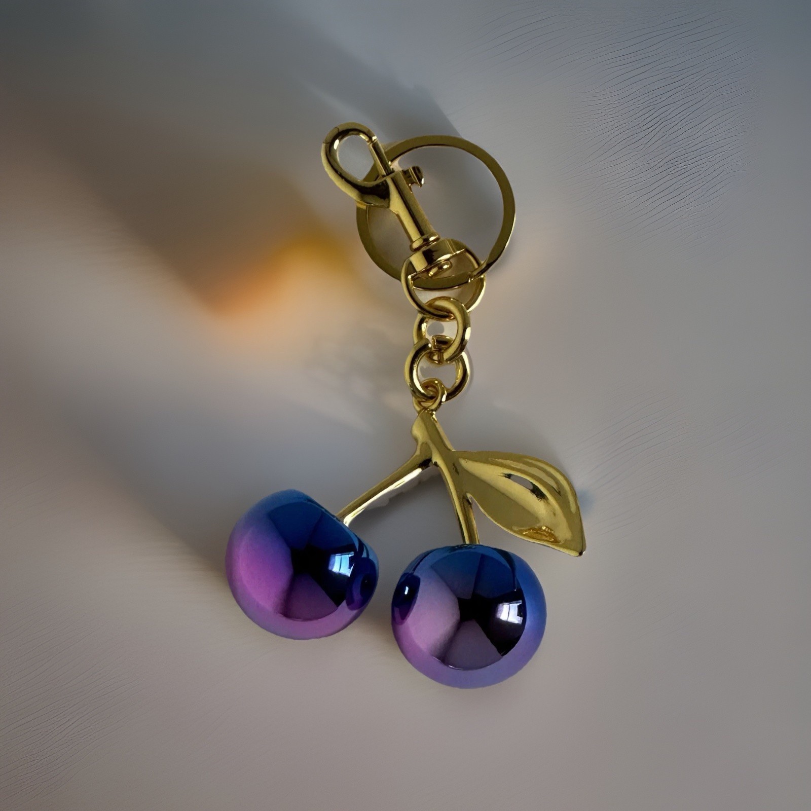 Mirrored Iridescent Cherry Bag Charm Keychain Gold Hardware + Velvet Dustbag
