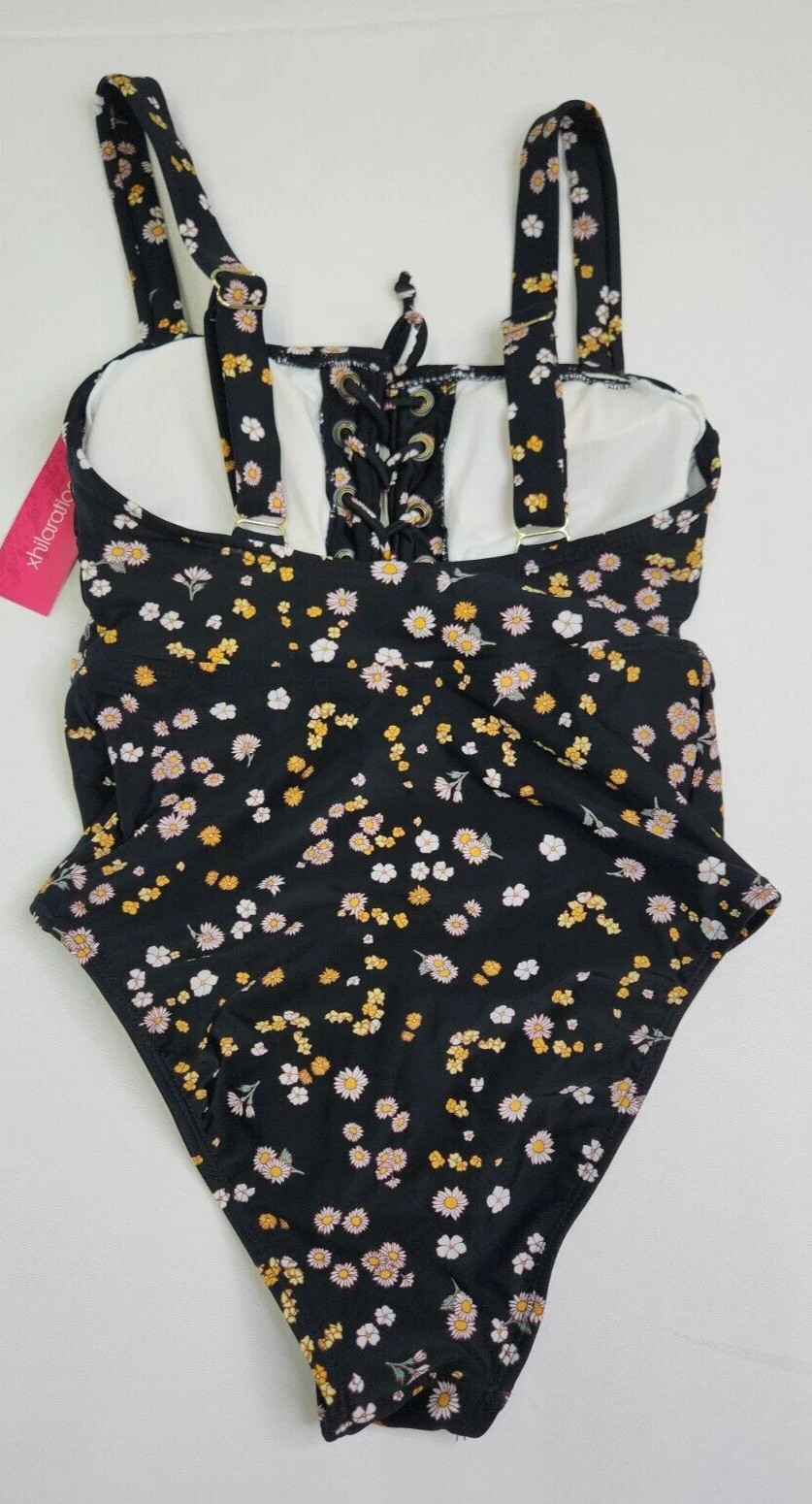 Xhilaration Juniors Black Floral Medium Cover 1 Pc Swimsuit Size S 0-2 Lace Up