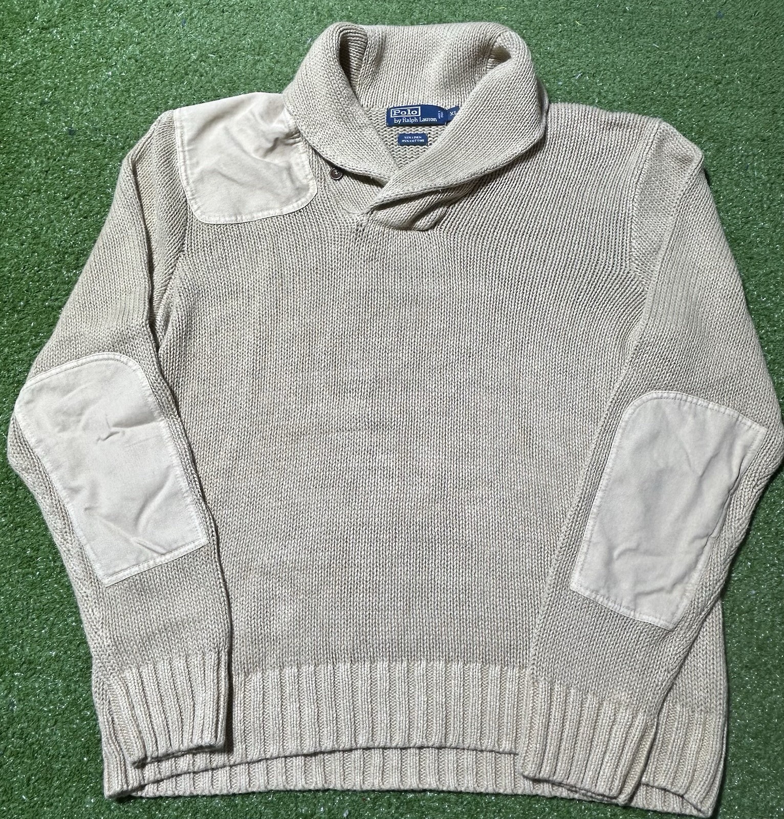 Polo Ralph Lauren Sweater Mens XL Shawl Collar Commando Elbow Pads Linen Cotton