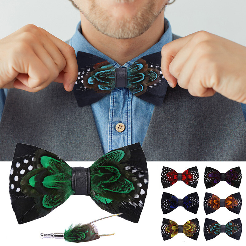 Men Feather Luxury Bowtie 4.7*2.36in Black Gold Floral Wedding Groom Party Wear
