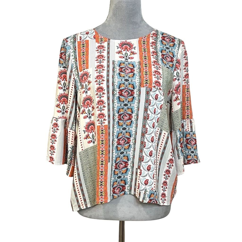 Sundance Women’s Floral Patchwork Bell Sleeve S Boho Blouse Peasant Hippie