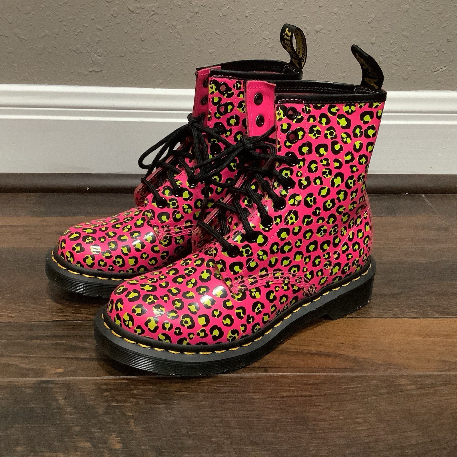 Dr Martens New 1460 Neon Pink Lime Leopard Print Patent Leather Boots Womens 6