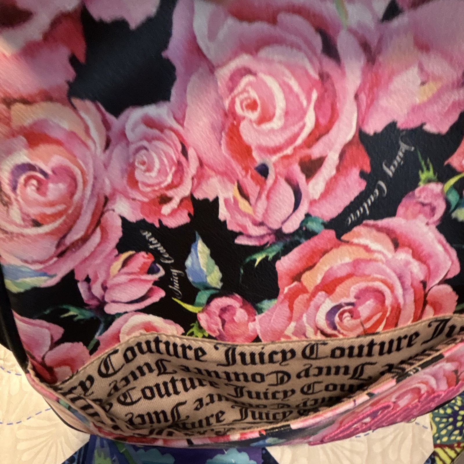 Juicy Couture Floral Rose Print Small Backpack Black/Pink Gold Studs Zip