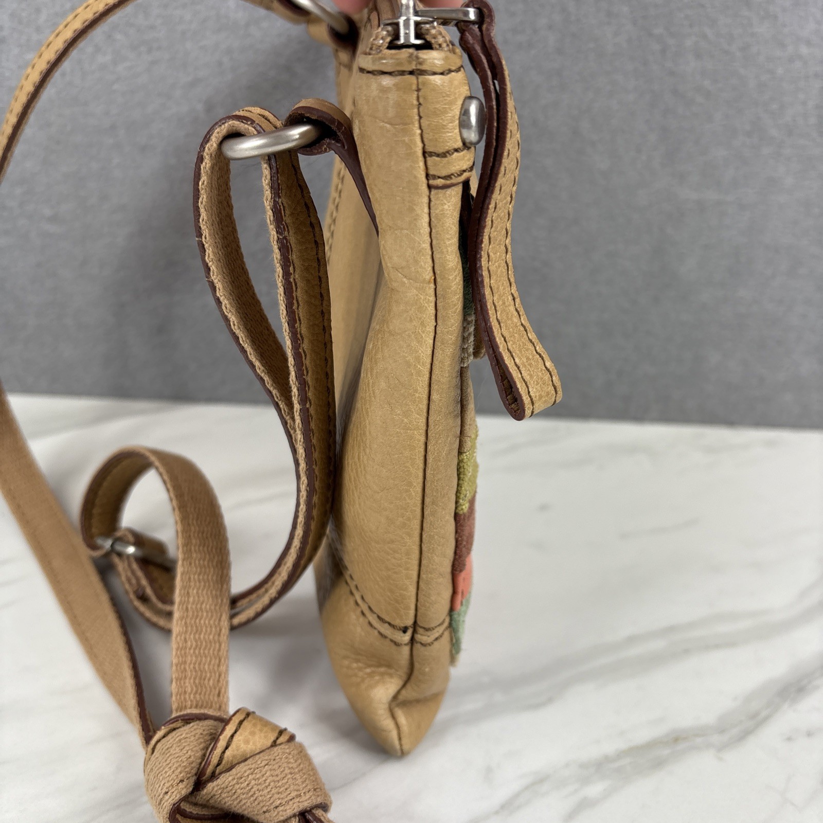 Fossil Maddox Patchwork Colorblock Lt Tan Leather Adj Strap Y2K Crossbody Purse