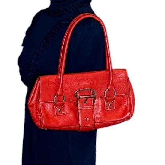 Cynthia Rowley Red Pebbled Leather Shoulder Bag Buckle Detail Silver Hardware