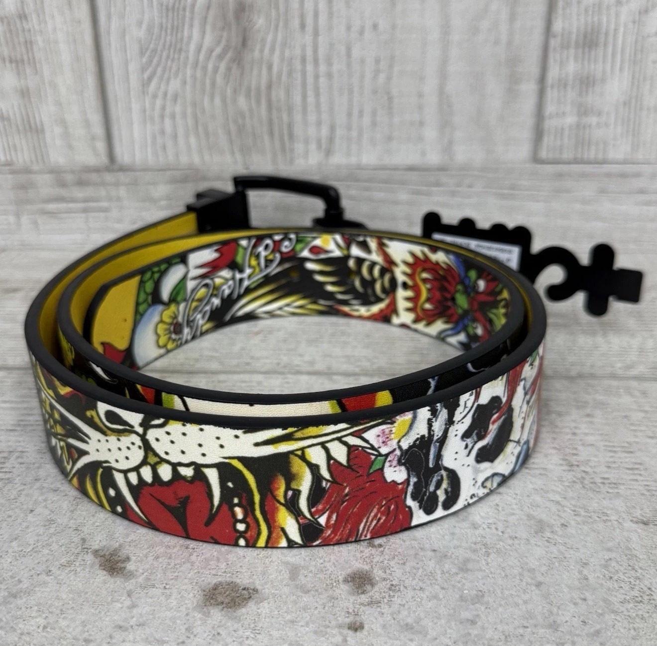 Ed Hardy Men’s Size 36 Reversible Black Leather Belt Dragon Heart Skull Tattoos