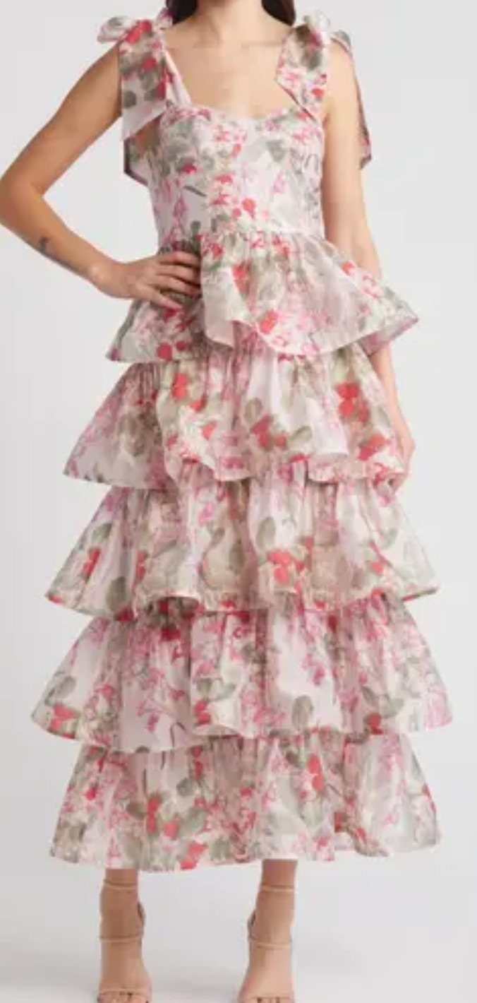 New & Other Stories Floral Tie Strap Dress Womens 2 Tiered Midi Pink