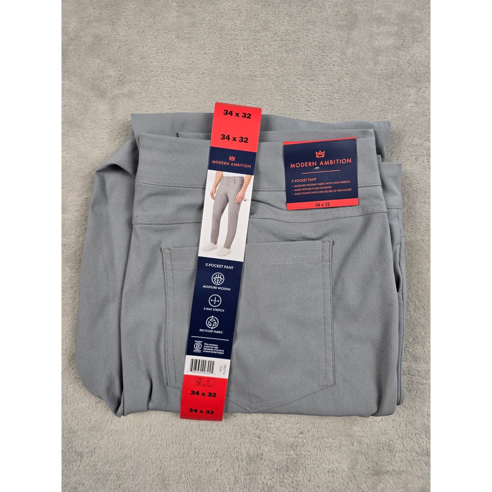 Modern Ambition 5-Pocket Pant Mens 34×32 Gray Moisture Wicking 2-Way Stretch