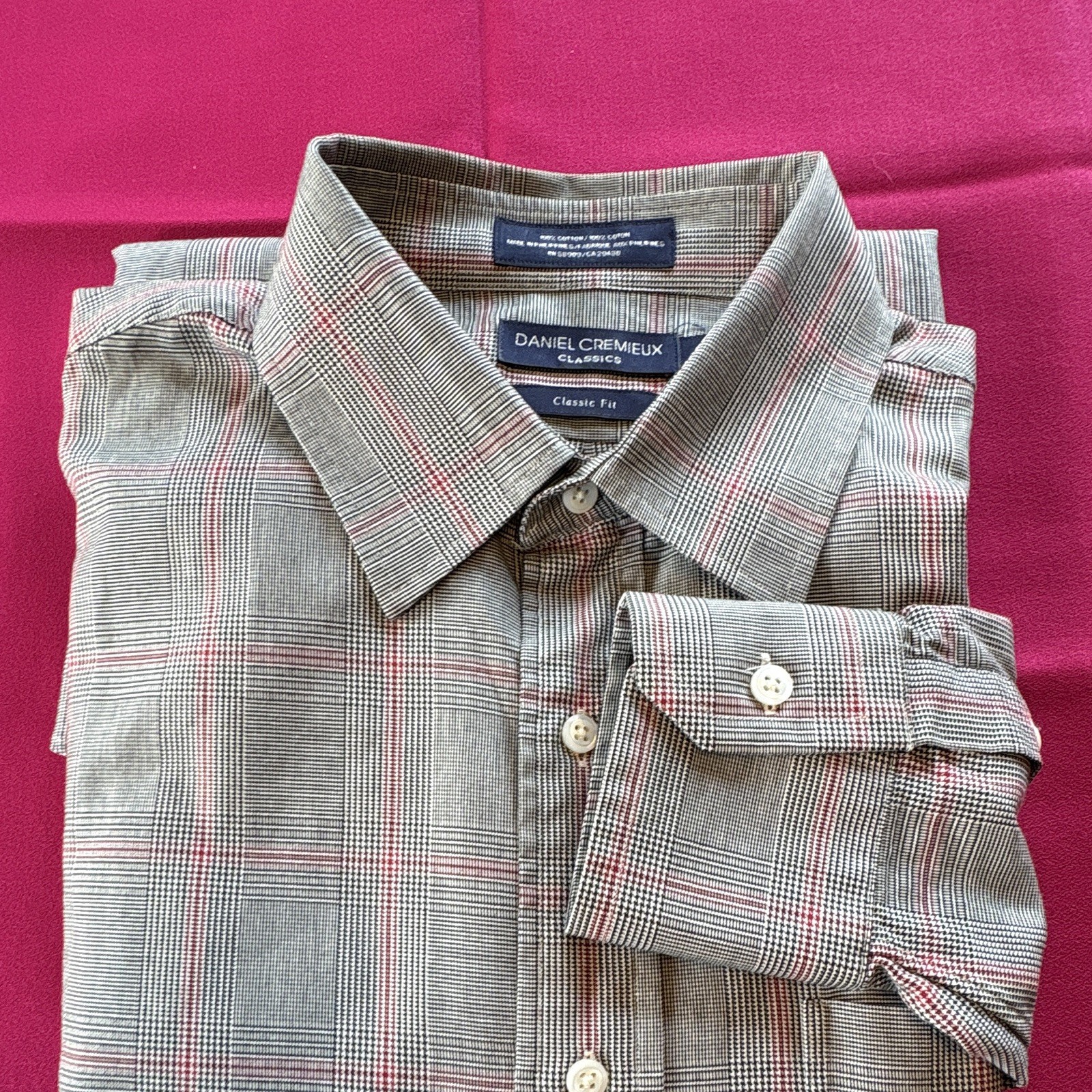 Daniel Cremieux Classics Classic Fit 100% Cotton Plaid Dress Shirt Gray Red L/G