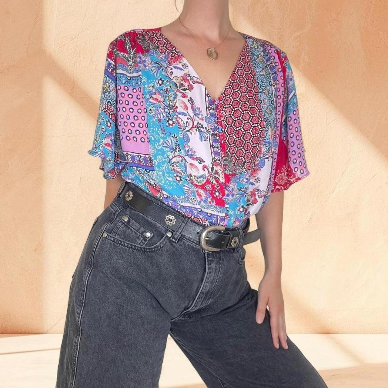 Chicos Blouse Boho Patchwork Scarf Bandanna Print Floral Flutter Sz 3P (16-18)