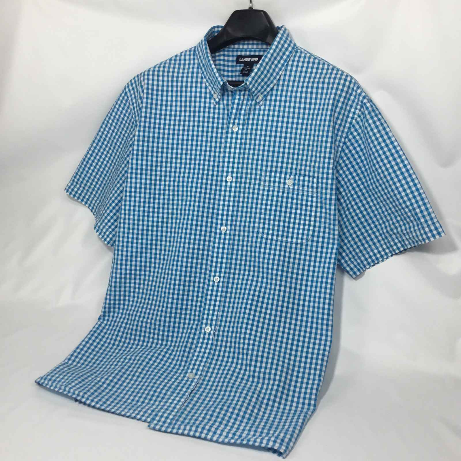 Lands End Mens Seersucker Shirt XL Blue White Gingham Short Sleeve Traditional