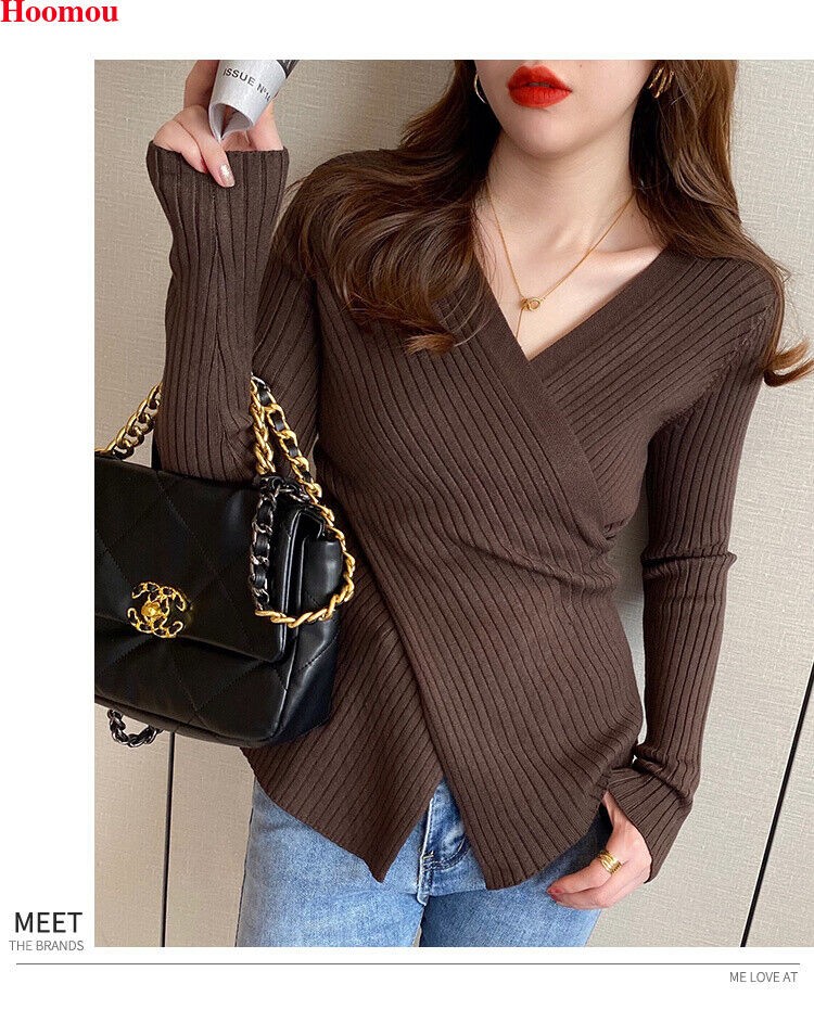 New Korean Womens Cross V-neck Asymmetric Slit Fall Winter Tops Tee Blouse