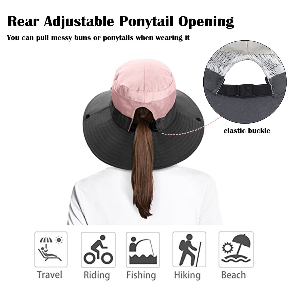 1/2Pack Womens Ponytail Sun Hat Bucket Wide Brim Boonie Beach Safari Cap Summer