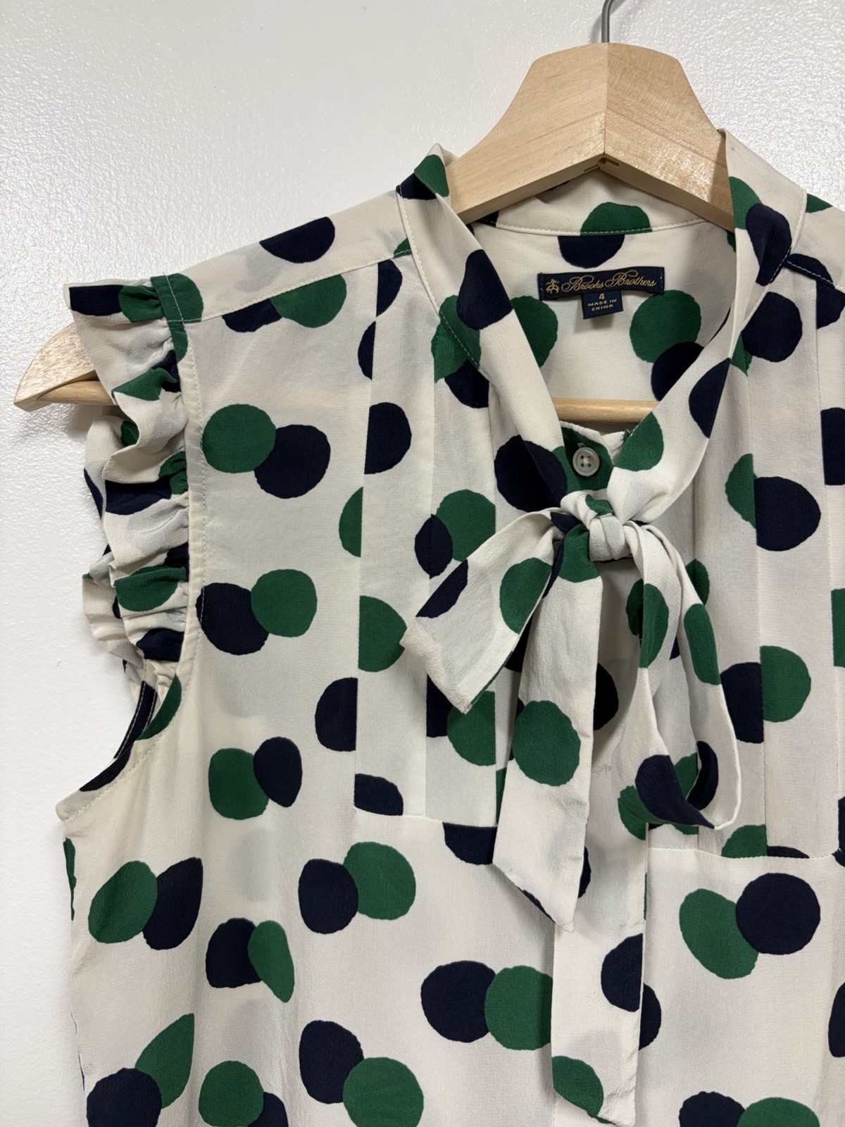 Brooks Brothers Green White Blue Dot Print Silk Tie Neck Blouse 4