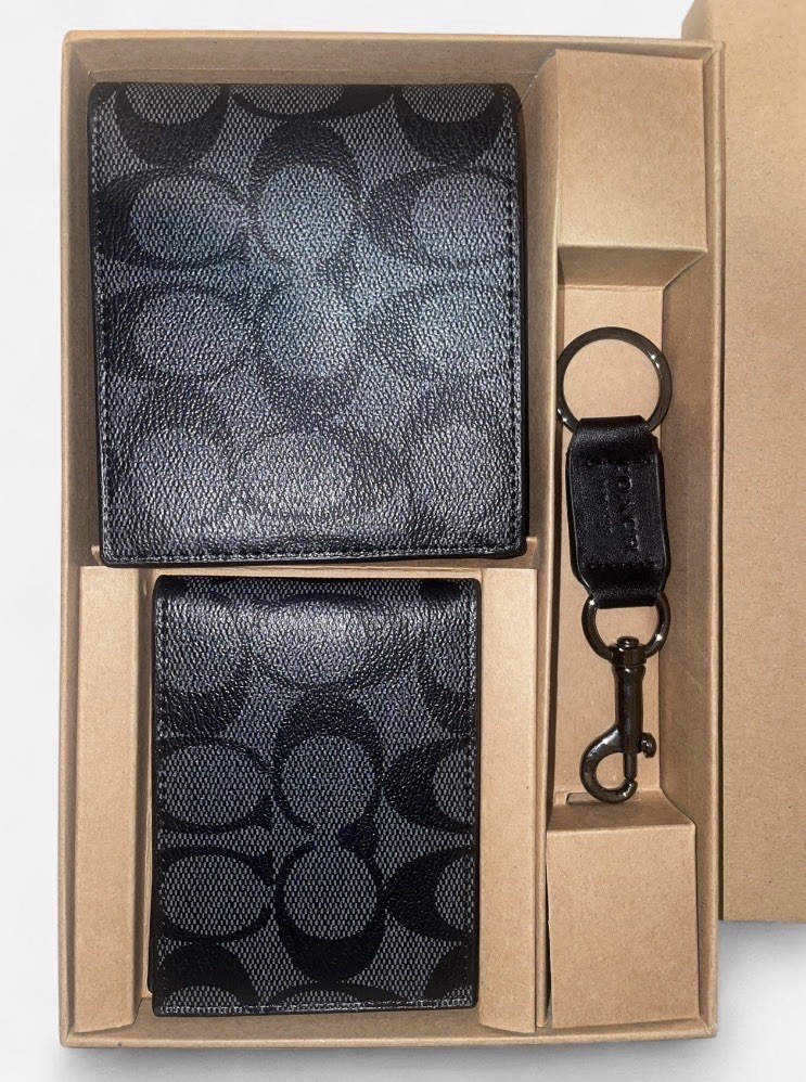 Coach Men’s 3-in-1 Wallet Set Signature Black/Black/Oxblood NWT Box Included New