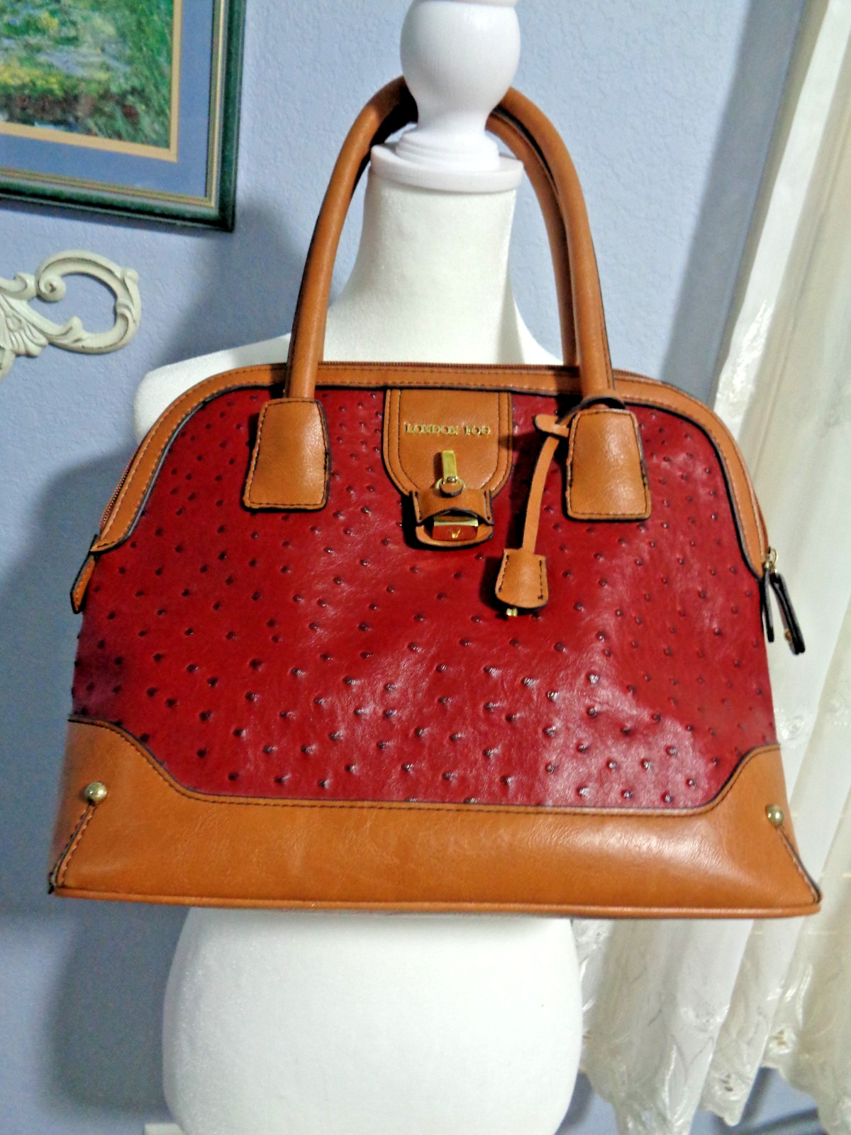 London Fog Handbag Red Faux Ostrich Leather Purse/Satchel can hold small laptop