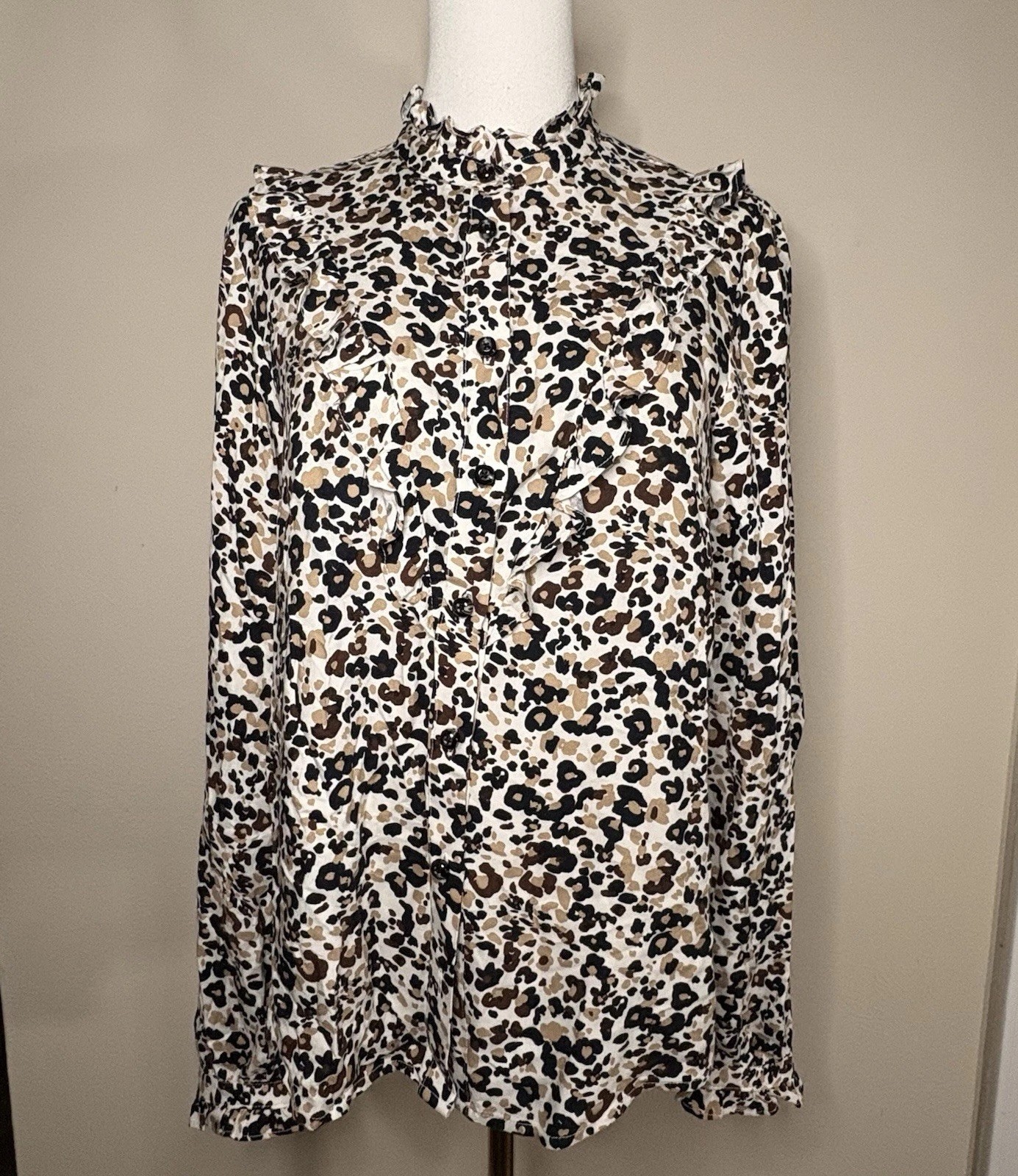 Maeve Katia Animal Print Top Women 6 Multi Long Sleeve Button Down Ruffle Office