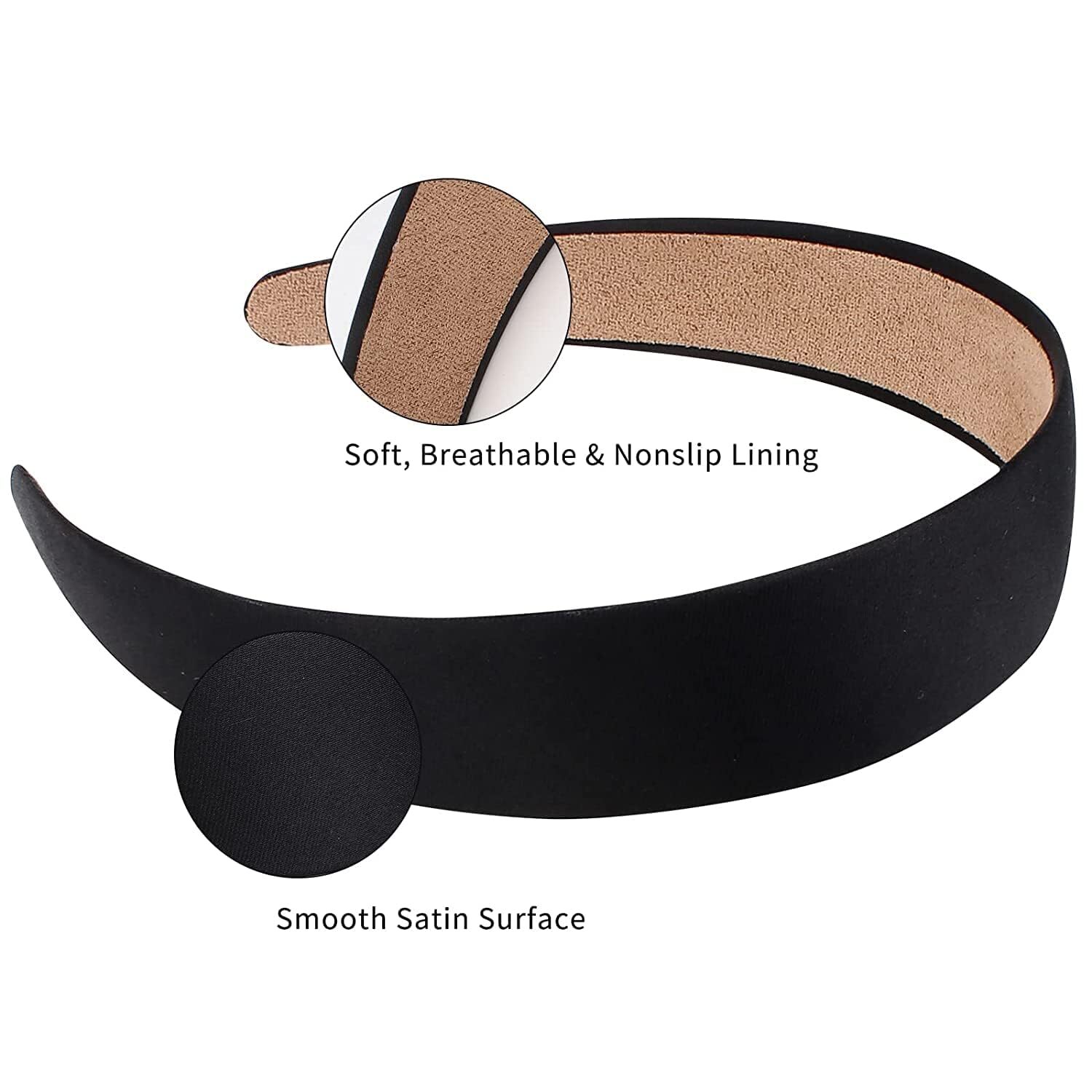 2 Pack Black White Satin Headbands 1.3 Inch Wide Non Slip Fashion Hair Bands