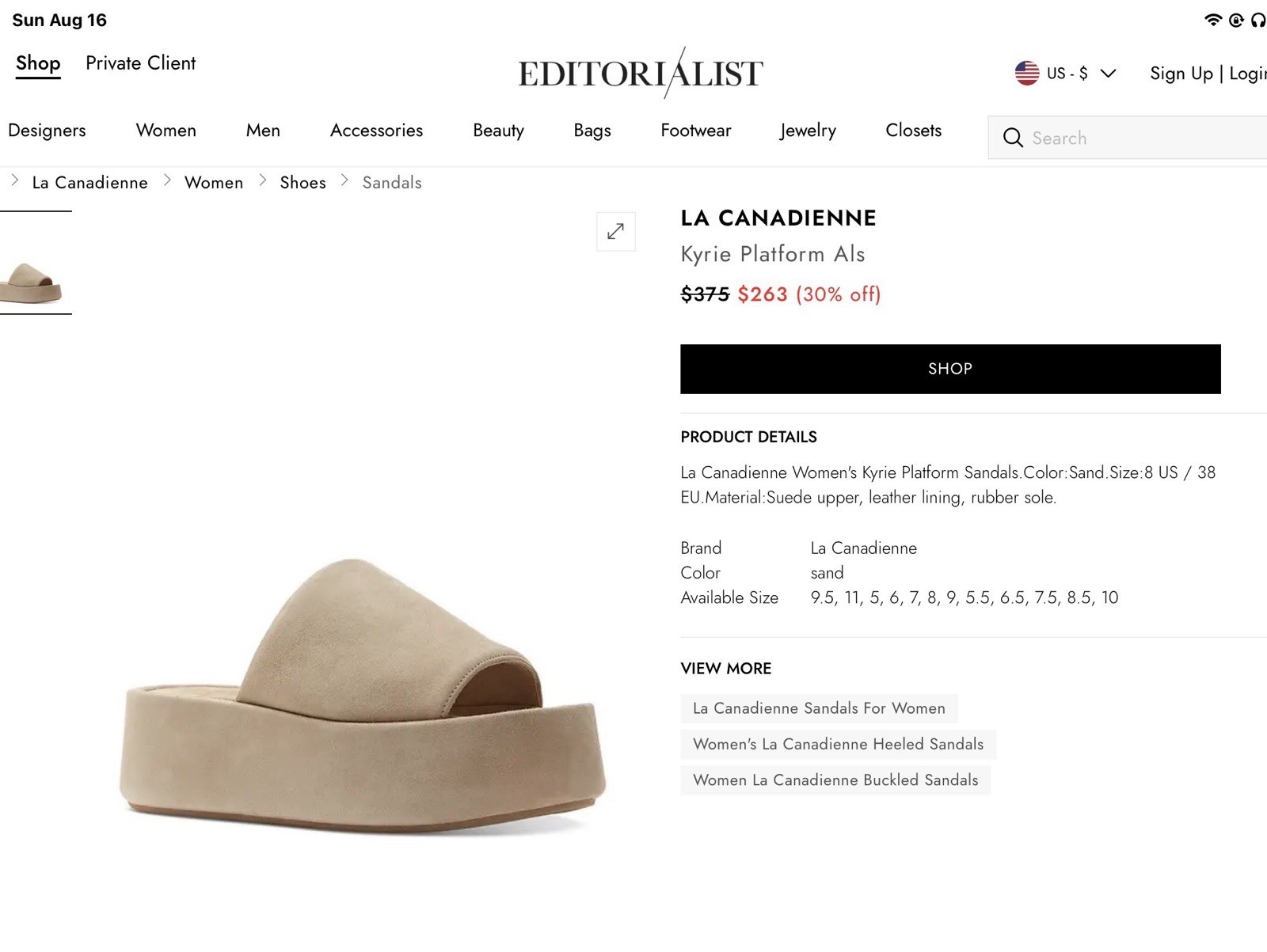 LA CANADIENNE Kyrie Platform Suede Sandals in Sand EU 37 / US 7 Made in Italy