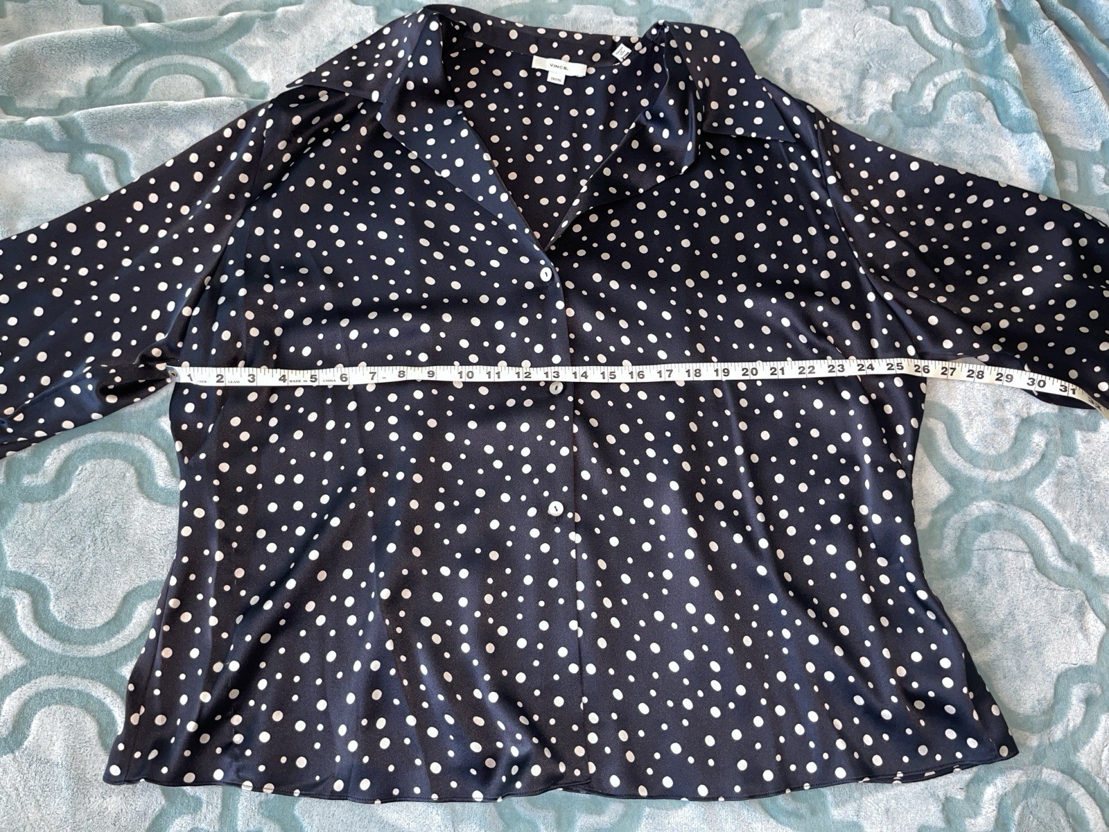 VINCE Camp Collar 100% Silk Deep Marine/Navy Blue Polka Dot Blouse 2X