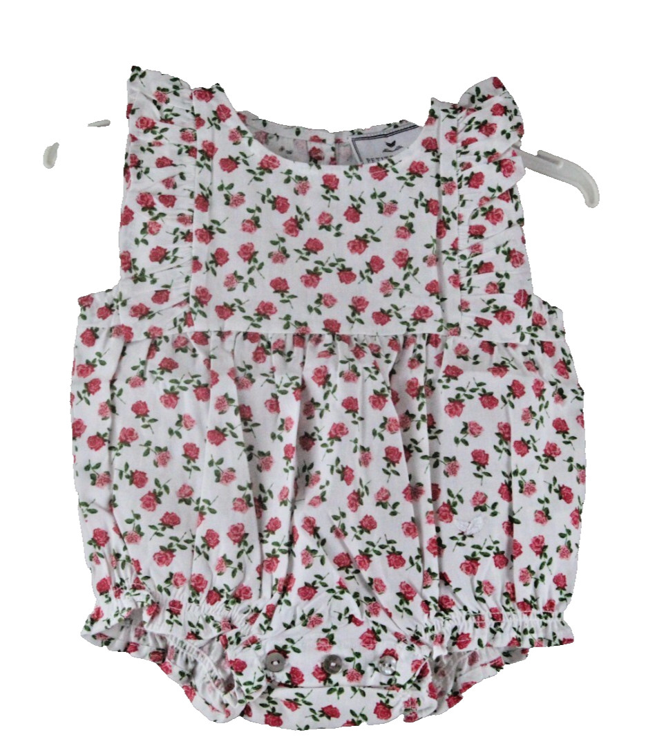 Petite Plume Infant’s Twill Ruffled Romper in Petite Petals 0/3 Months White NWT