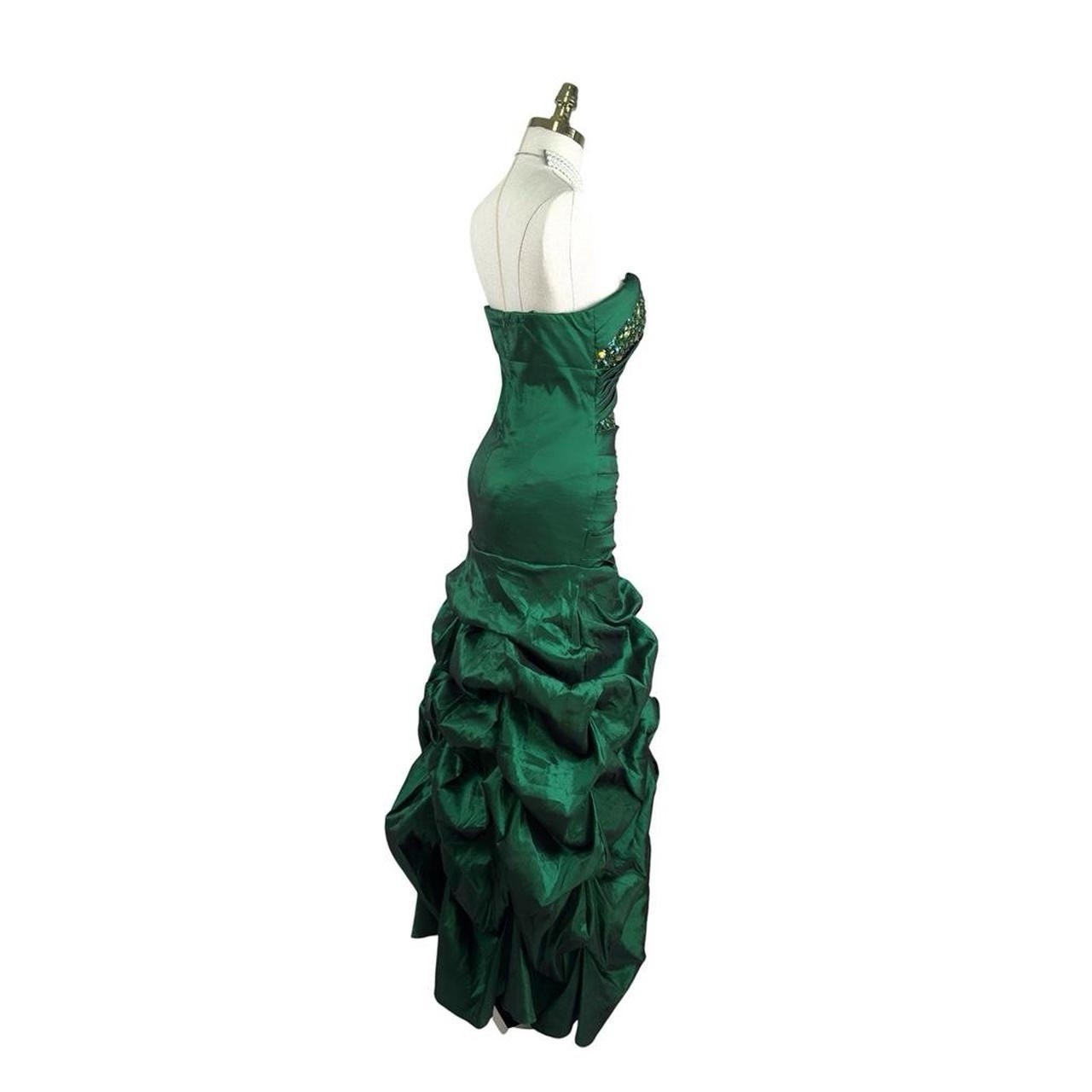 Vintage 90s Green Strapless Beaded Draped Taffeta Mermaid Evening Prom Gown 8