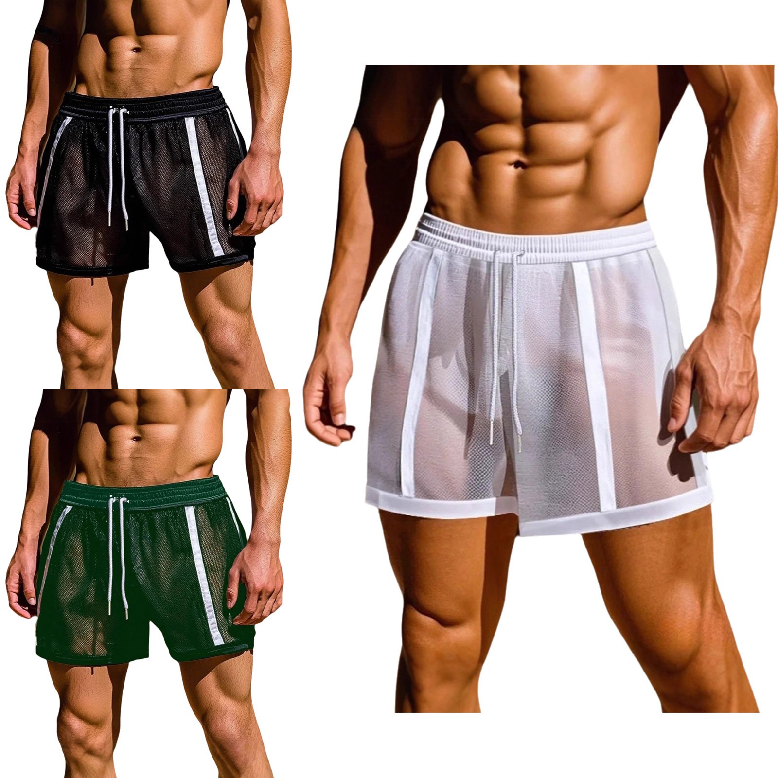 Men See-Through Mesh Running Shorts Swim Trunks Bodybuilding Sports Fitness