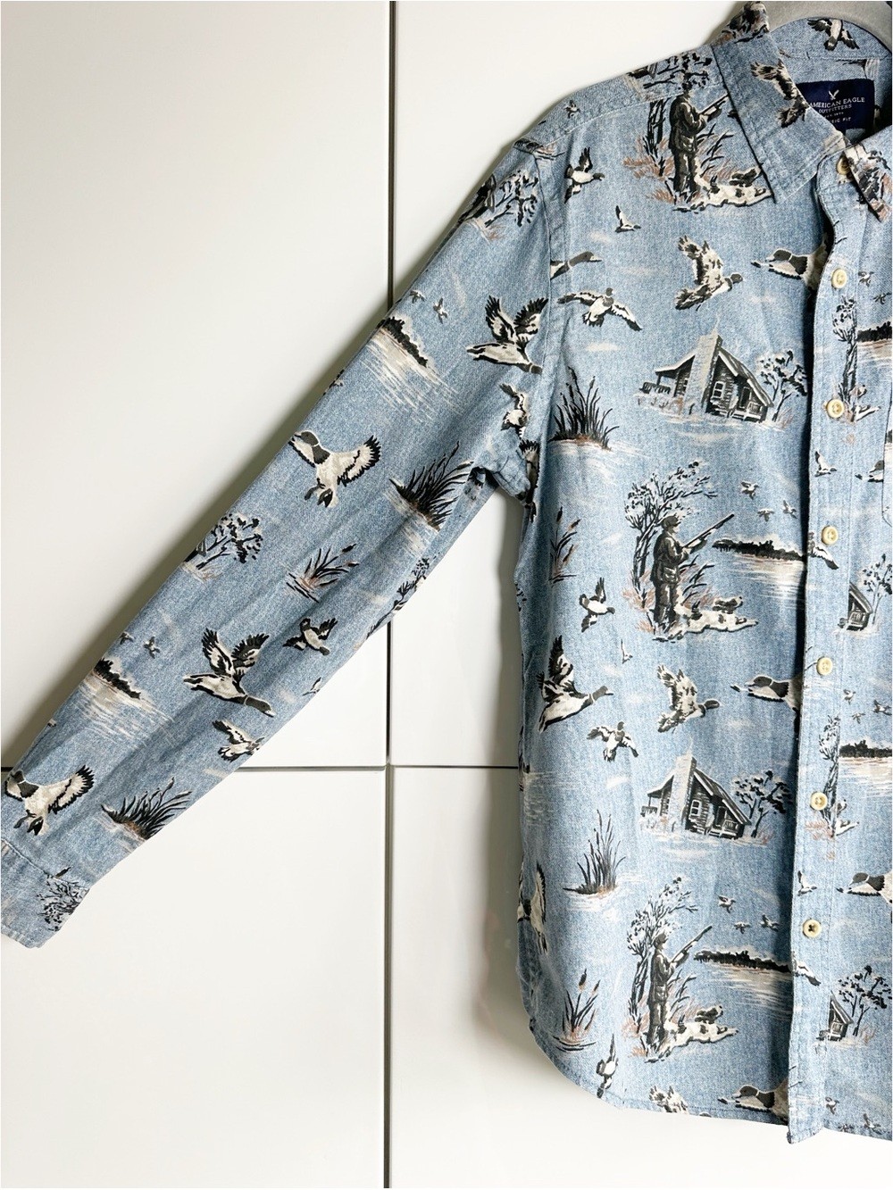 American Eagle Duck Hunting Long Sleeve Button Up Shirt 100% Cotton Size M
