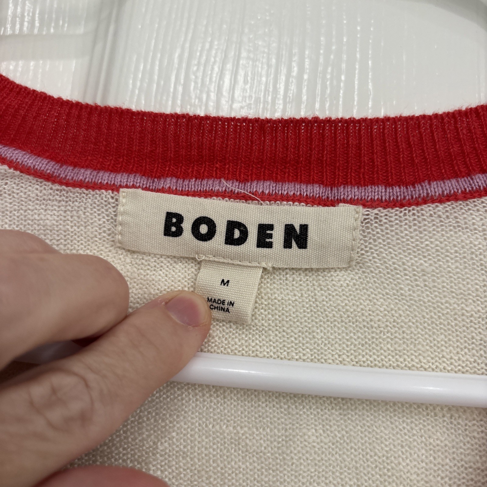 Boden Agnes Women’s Linen Colorblock V-Neck Sweater Cream Purple Red Sheer Sz M