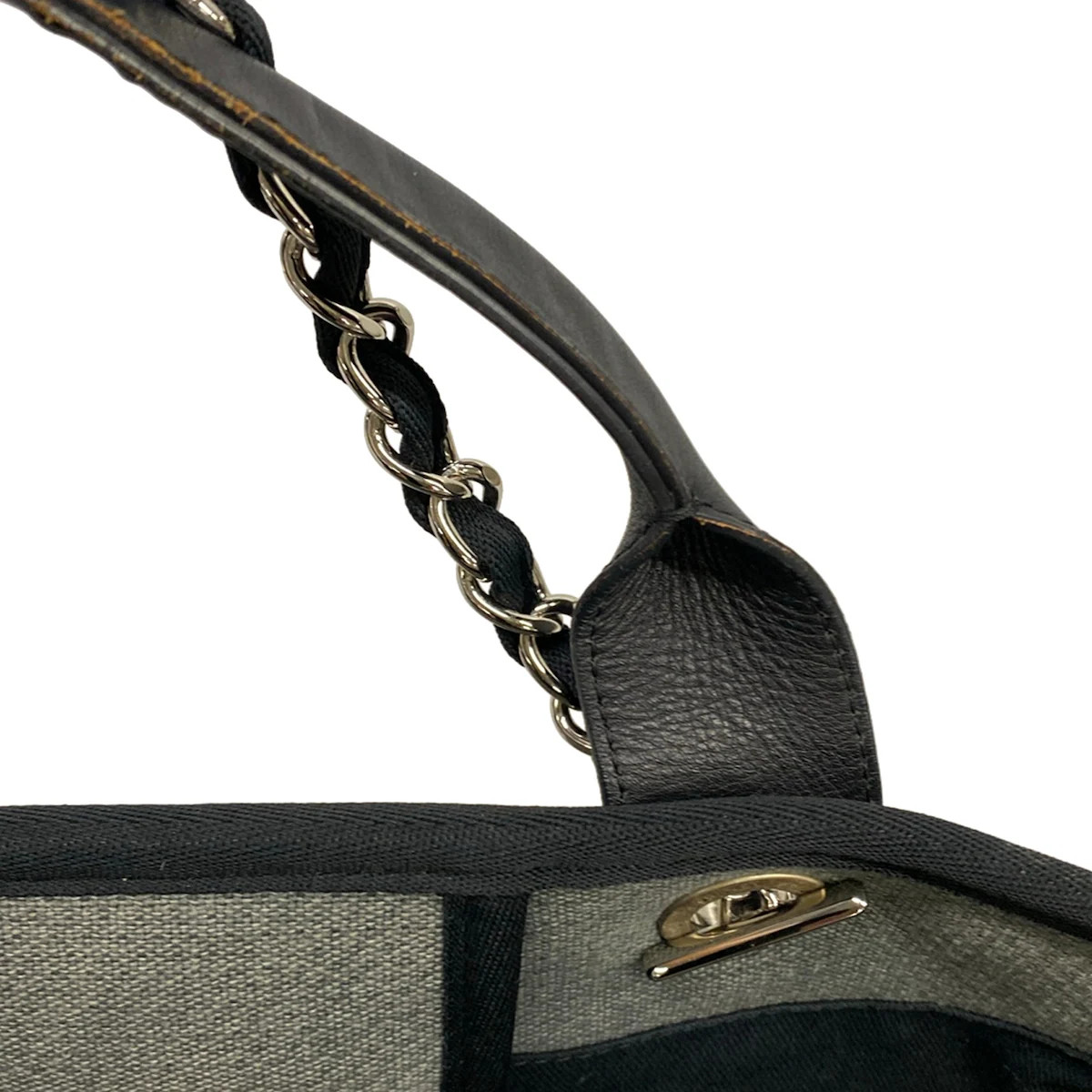 CHANEL Deauville Line Gray Black Canvas Leather Tote Bag