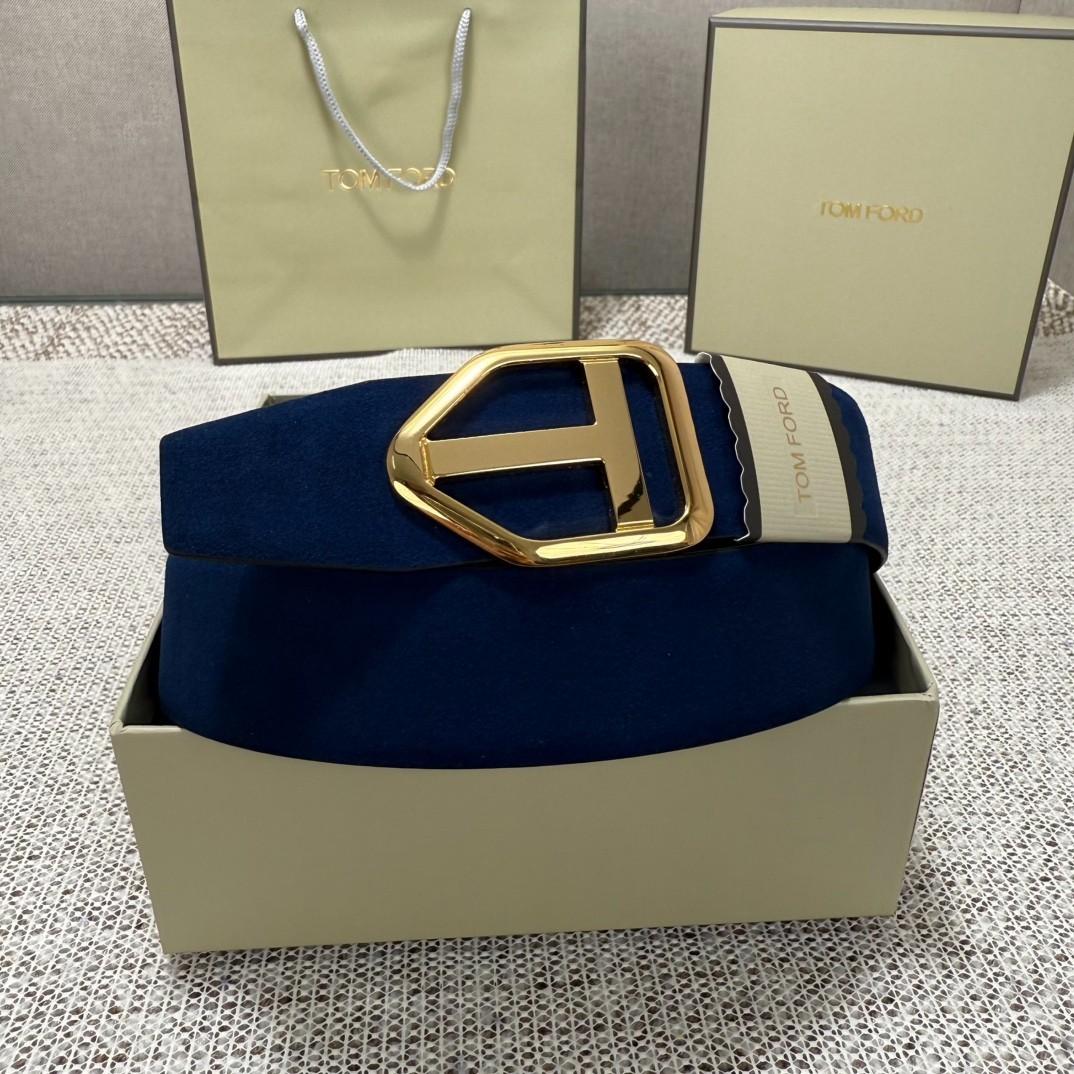 Tom Ford Belt Reversible Blue/Black Calfskin Gold T Buckle Belt