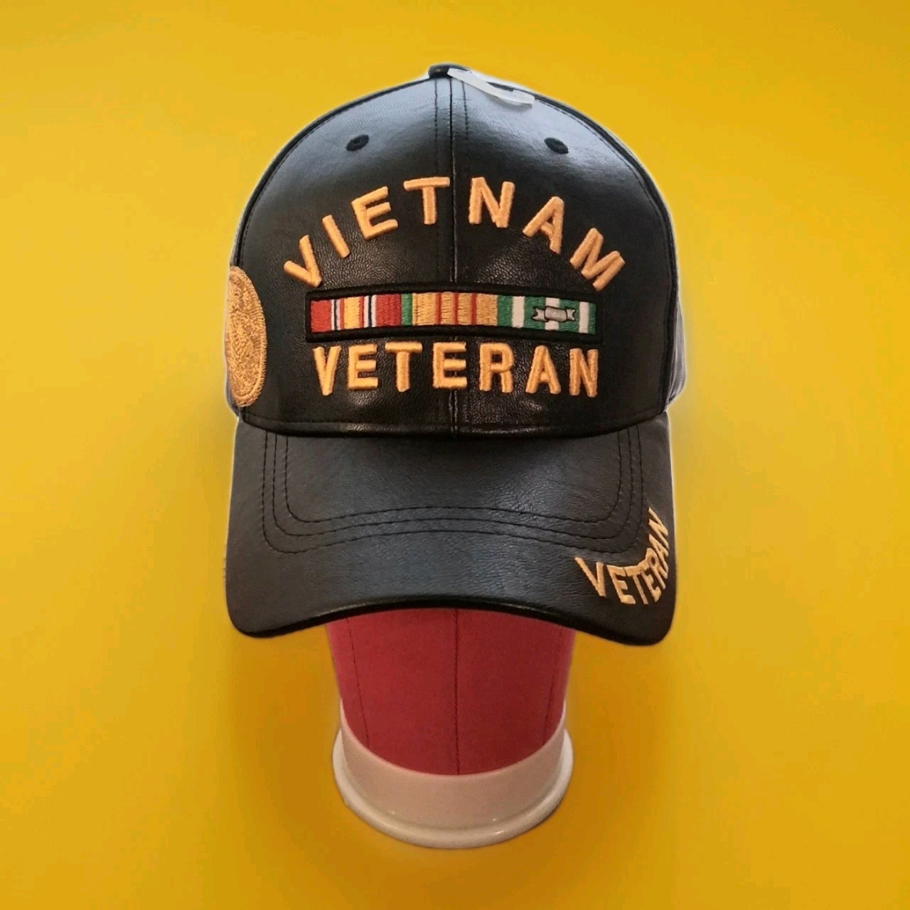Vietnam Veteran Black PU Leather Baseball Cap Embroidered Adjustable Adult