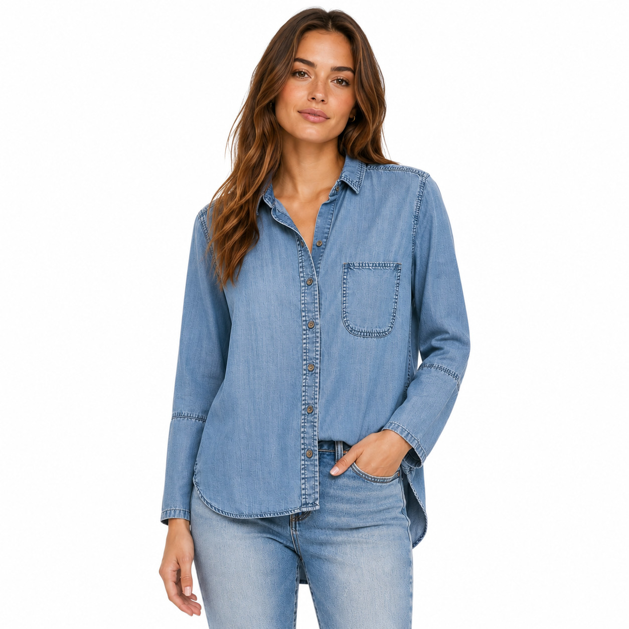 Bella Dahl Tunic Shirt Womens Small Blue Chambray Button Front Long Sleeve Top