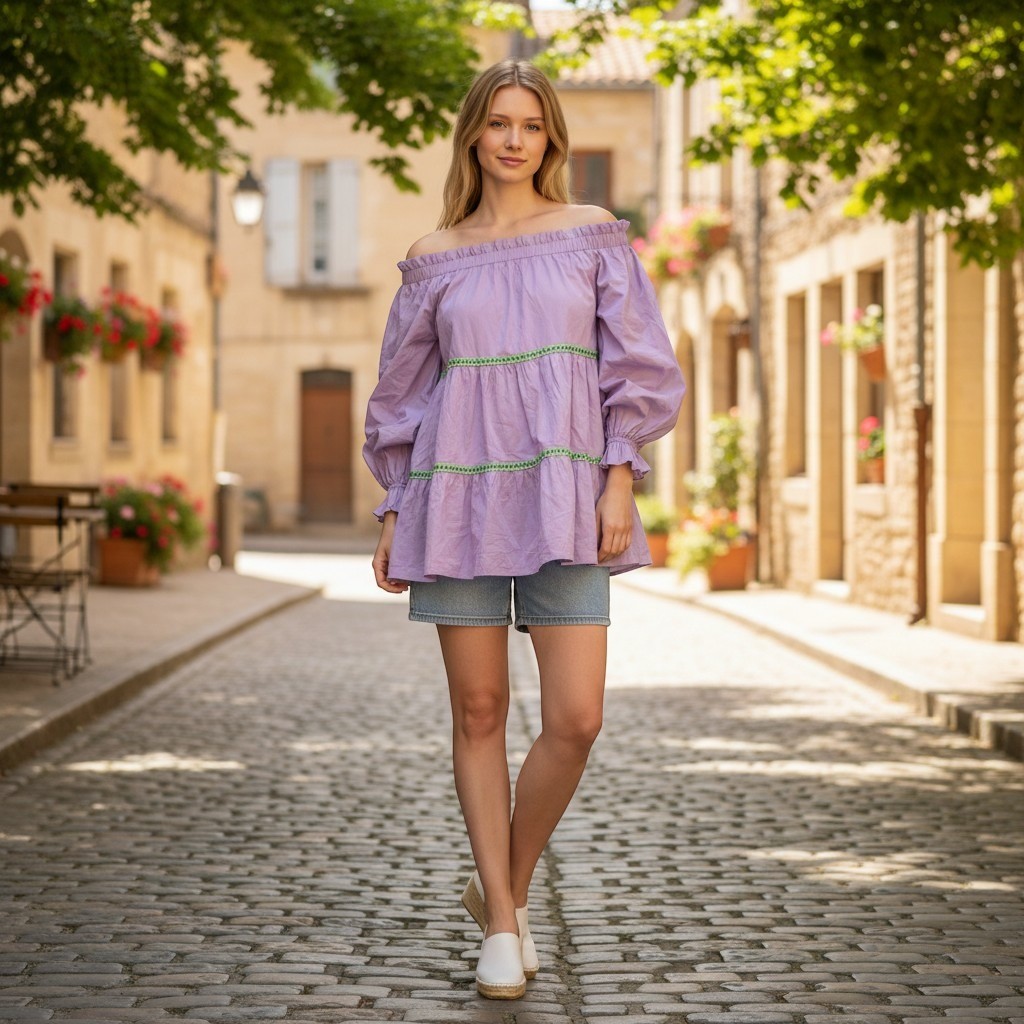 Strut & Bolt Tunic Top Womens Small Purple Off Shoulder Tiered Embroidered
