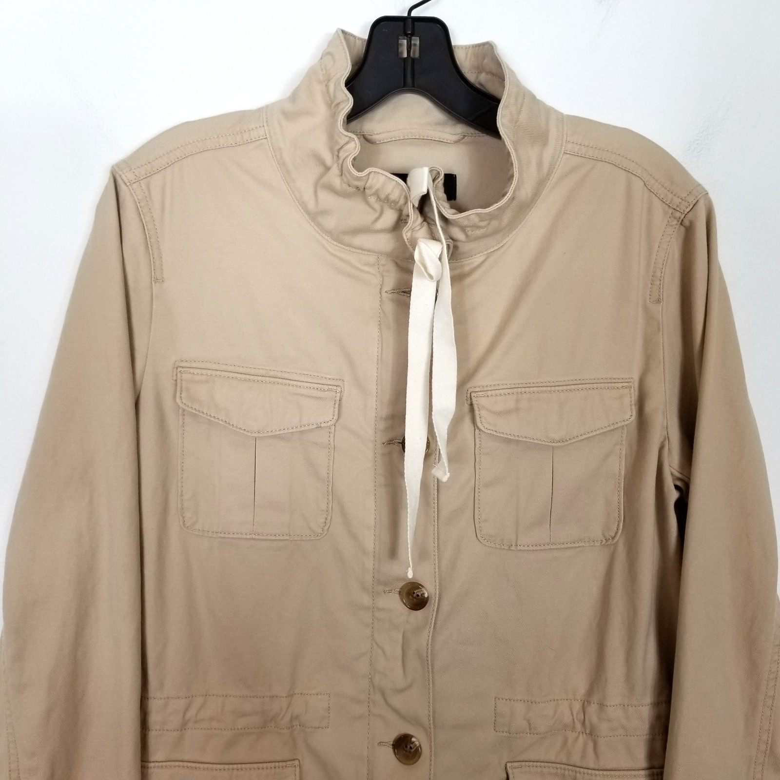 Talbots Womens Safari Jacket Sz M Beige Flap Pockets Stretch Drawstring Button