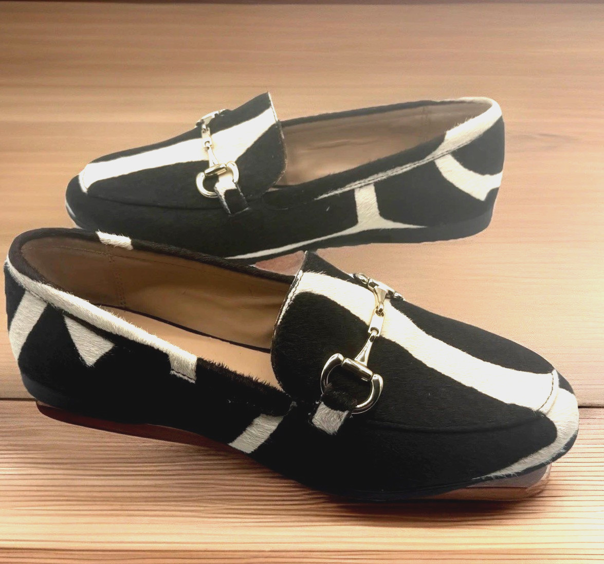 Alfani Step n Flex Women 7 Dark Brown Beige Haircalf Calfhide Gold Bit NWOT