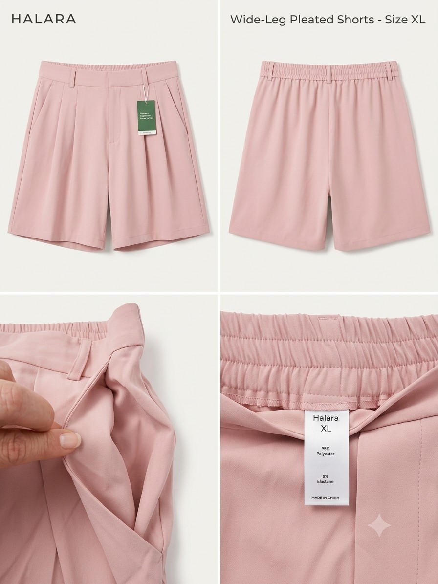Halara Wide-Leg Pleated Shorts High Rise Pockets Pull-On XL Regular Pink NWT