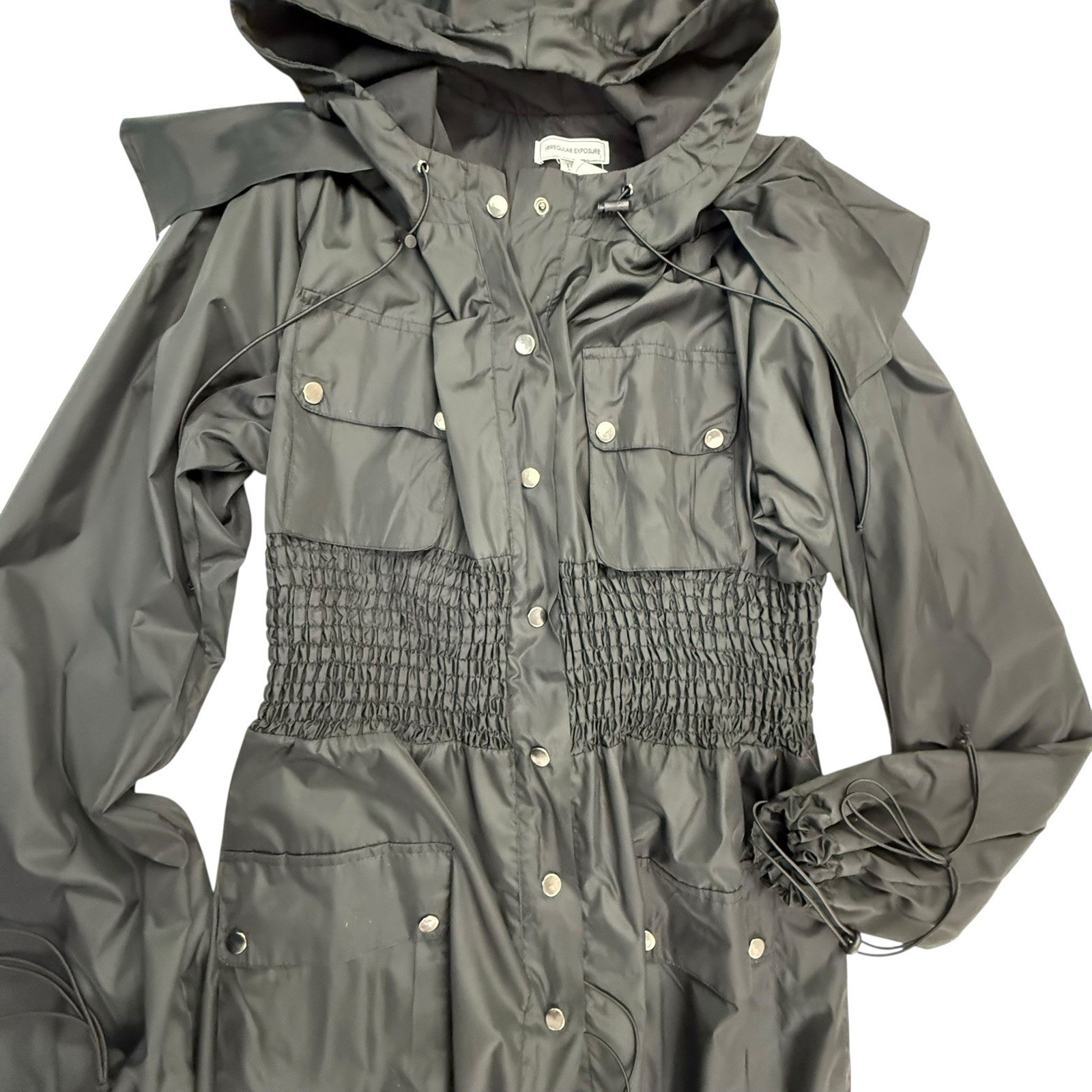 NEW Irregular Exposure Smocked Waist Parachute Jacket Women Large Black Hooded