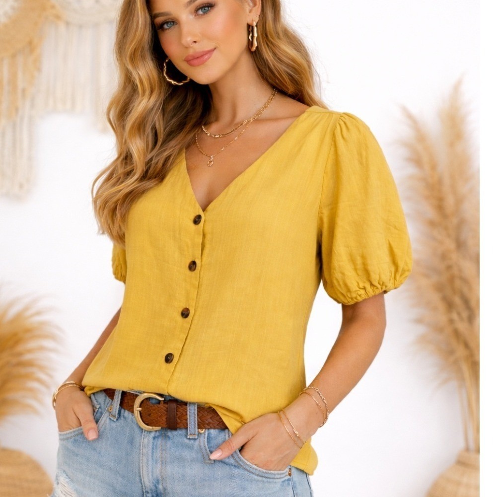 Ott Womens Mustard Yellow Button Front Puff Sleeve Blouse Large NEW