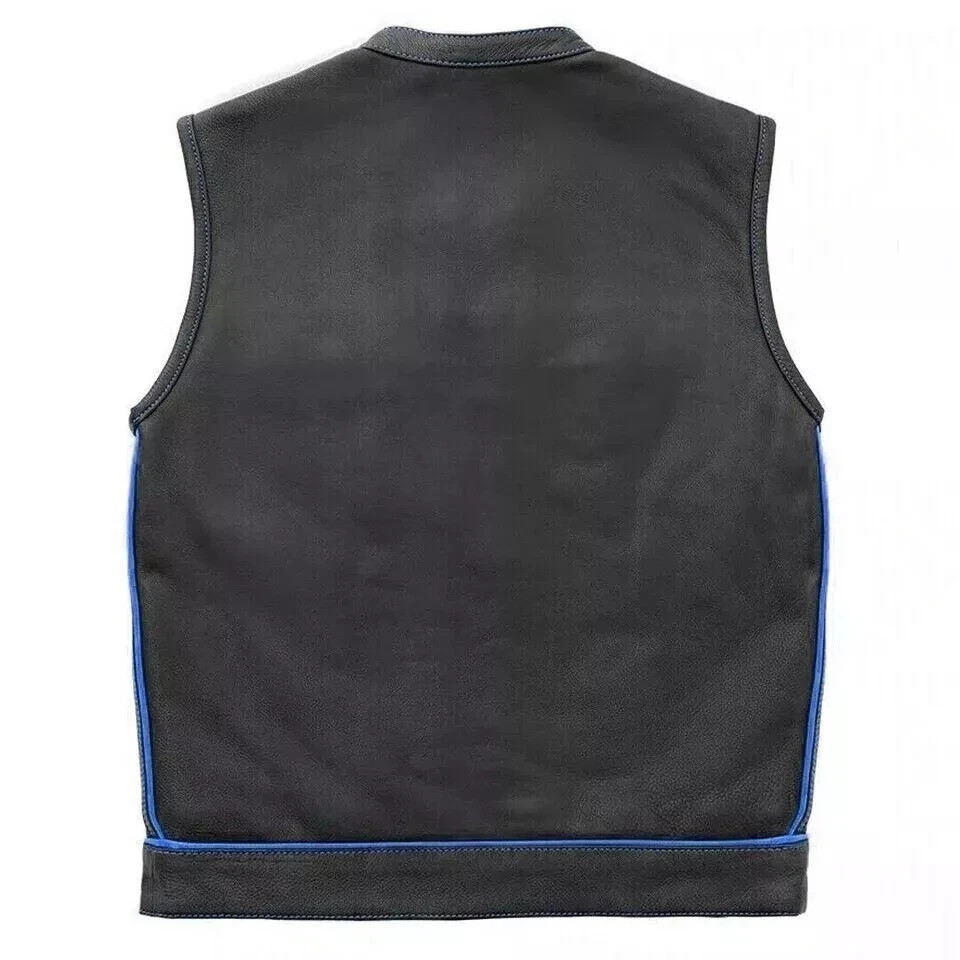 Men’s Handmade Genuine Black Leather Biker Vest with Blue Leather Motorbike Vest