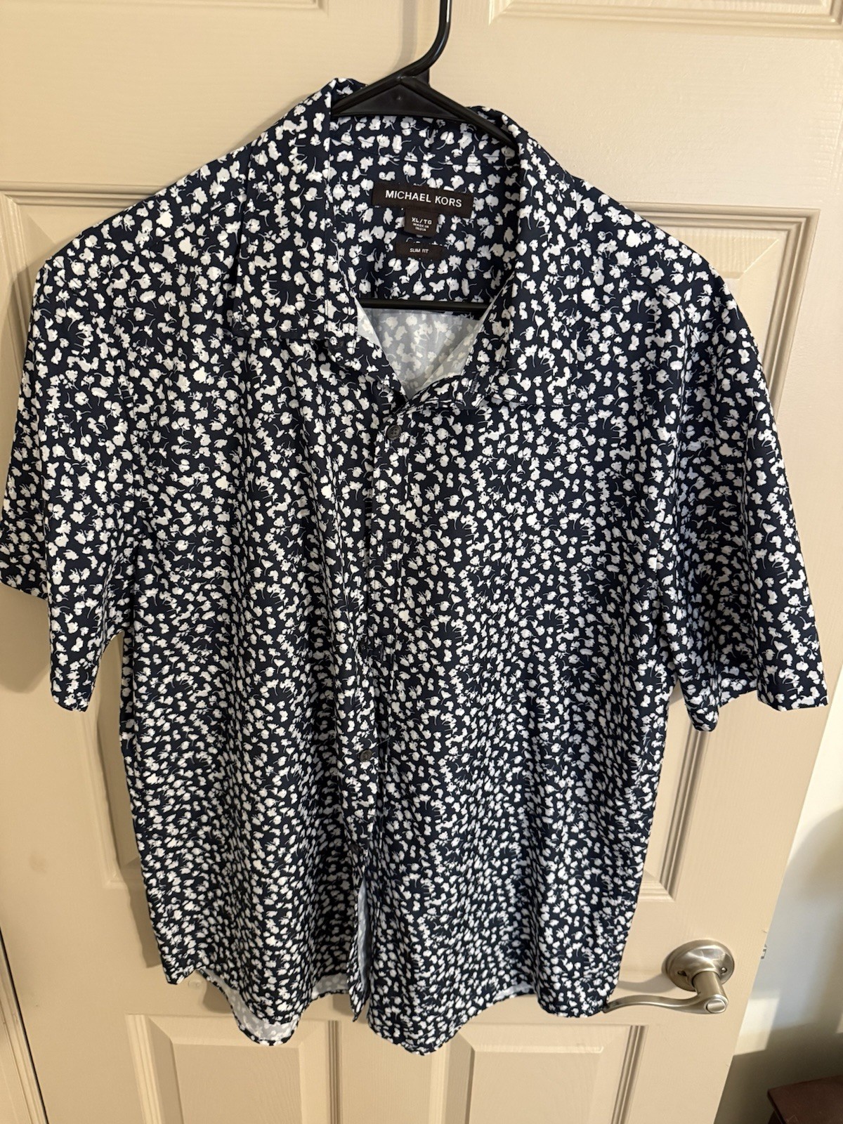 Michael Kors Short Sleeve Button Down Shirt XL Slim Fit Dark Blue/White Floral