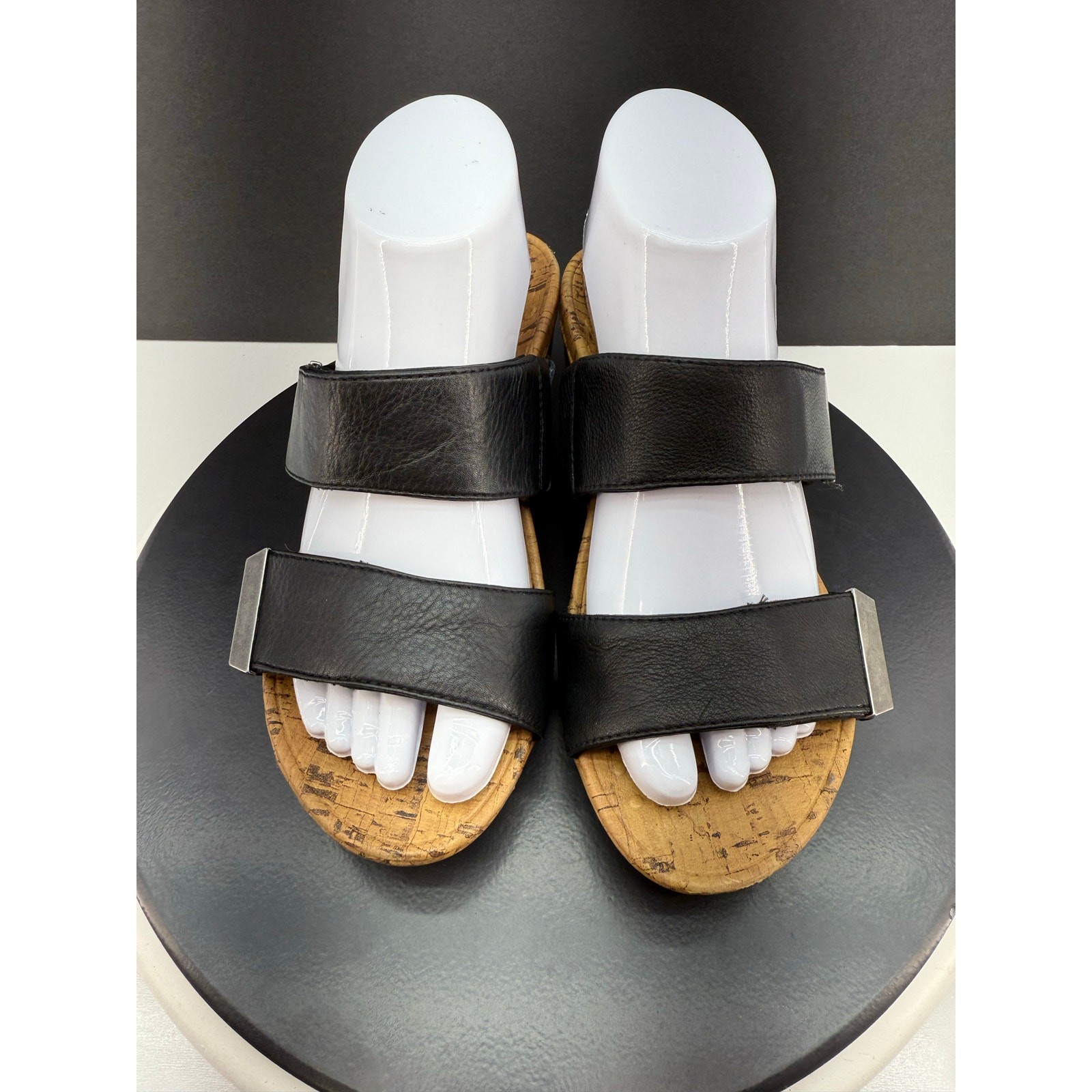 VIONIC Pepper Womens Sz 6 Black Leather Open Toe Platform Slip On Wedge Sandals