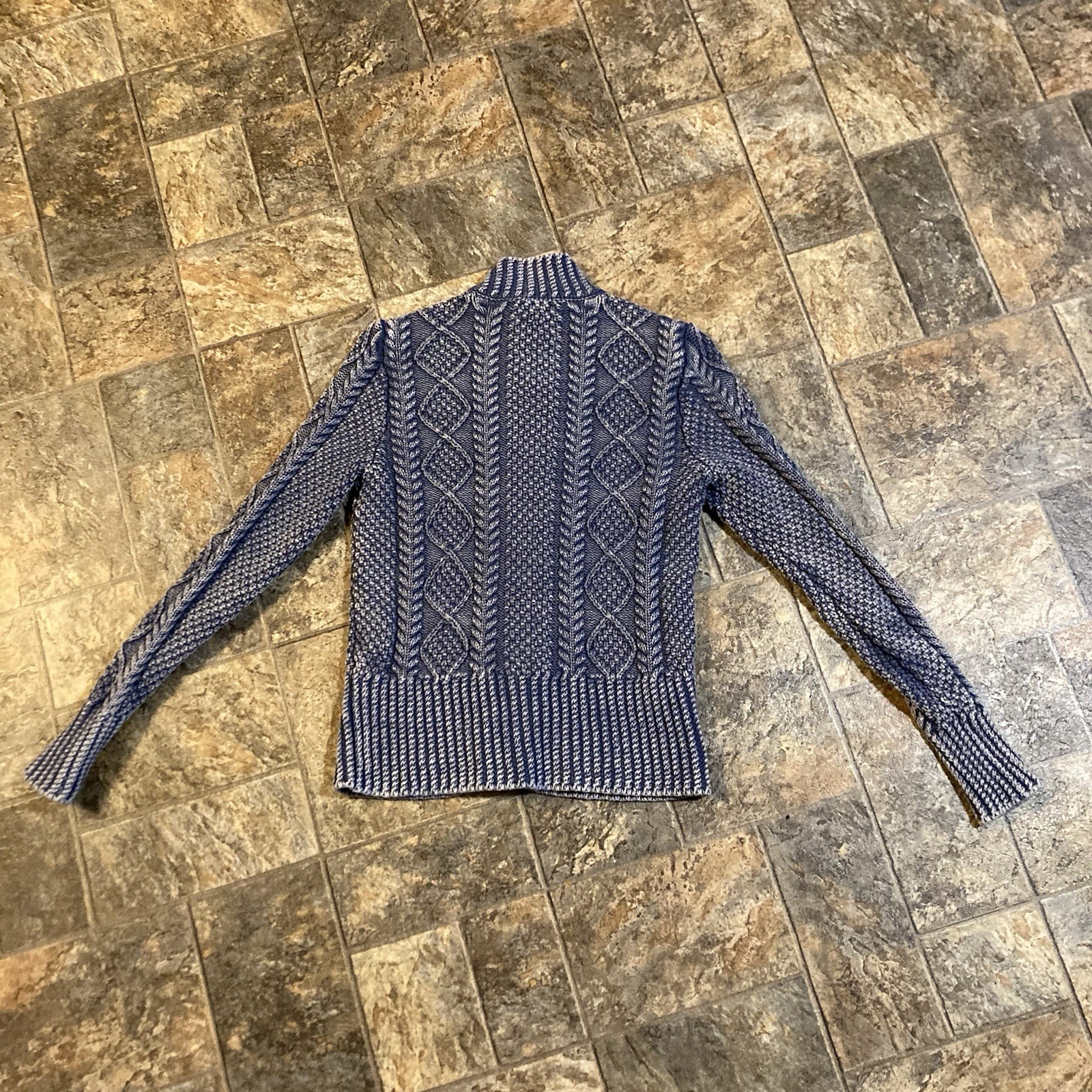 LL Bean Signature Blue Cable Knit Cotton Fisherman Cardigan Sweater Size Small