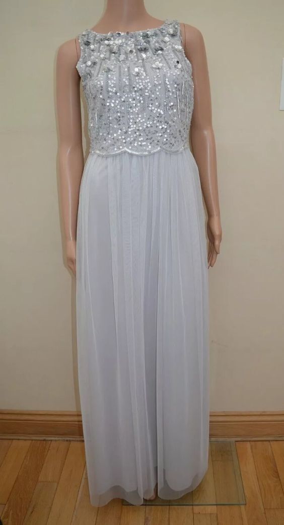 New Lipsy Natalie Silver OR Blue Sequin Embellished Maxi Dress Sz UK 8 & 12