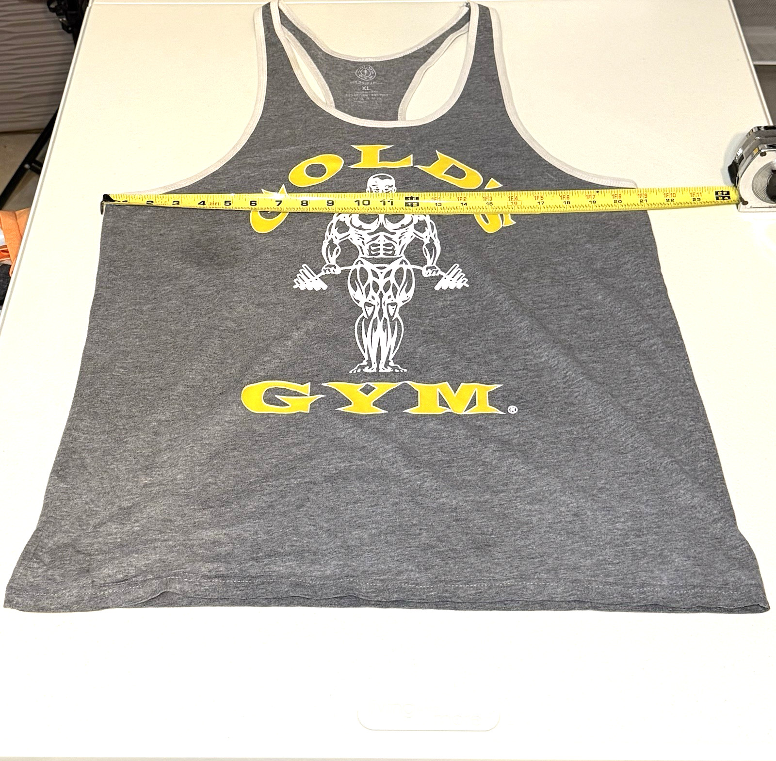 Vintage Gold’s Gym EXTRA LARGE GRAY YELLOW Racerback Muscle Tank Top *PRE LOVED*