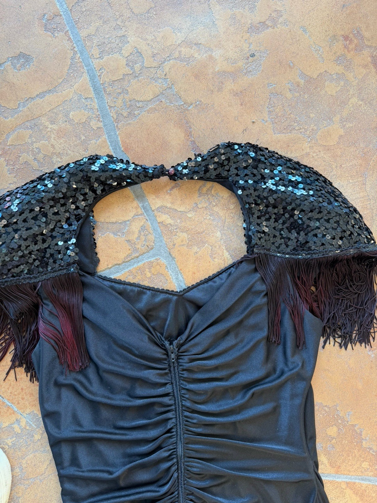 VTG Abby Kent Black Ruched V-Neck Sheath Dress Sequin Fringe Sleeveless 13/14