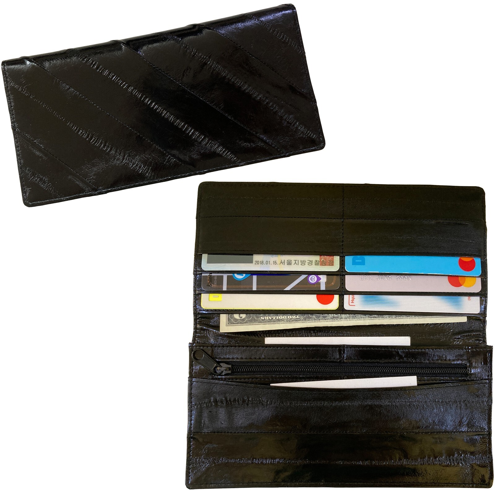 Genuine Eel Skin Wallet Coin Purse Slim Wallet Bifold Purse – BLACK